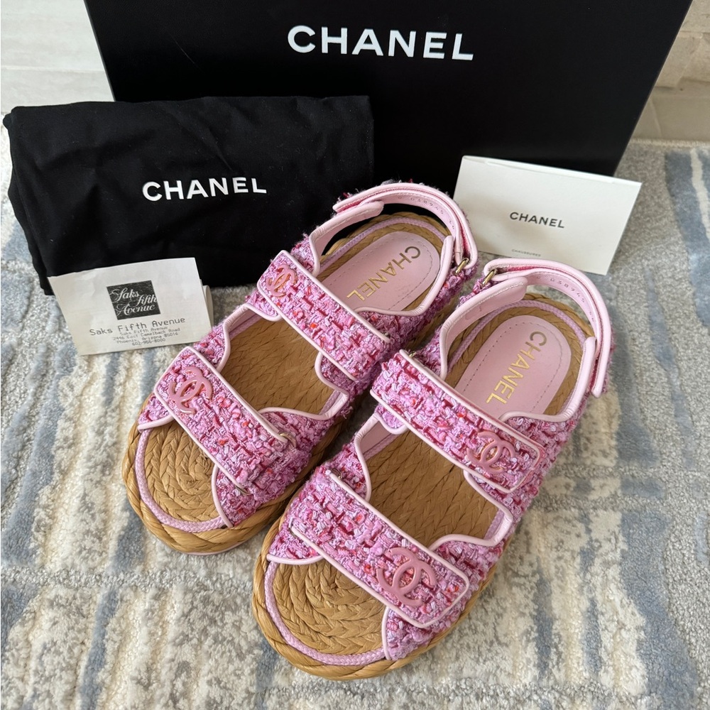 Chanel Pink and Red Tweed Dad Sandals 22P Braided Raffia Sole And Pink CC Logo